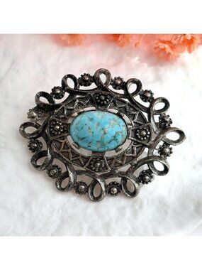 Faux Turquoise Silver Toned Victorian Inspired 80's Vintage Costume Brooch